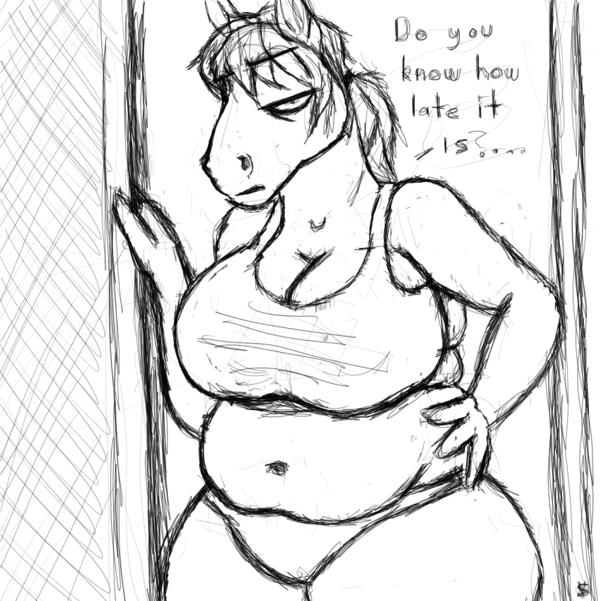 annoyed anthro belly big_belly big_breasts black_and_white breasts clothed clothing dialogue english_text equine female horse mammal monochrome savagelyrandom shirt slightly_chubby solo suzanne_winters tank_top text tight_clothing tired underwear wide_hips