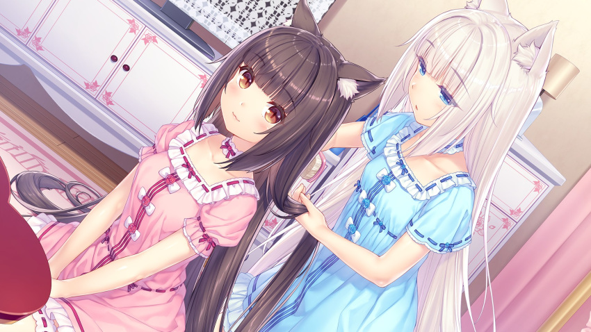 2girls animal_ears bedroom bow cat cat_ears cat_tail chocola_(nekopara) hair_bow hairdressing highres multiple_girls nekopara pajamas sayori_(neko_works) source_request tail tied_hair vanilla_(nekopara)