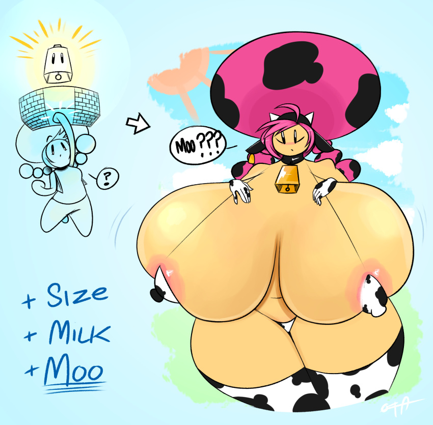 animal_print big_breasts bikini breasts clothed clothing cow_print curvy_figure elemental_creature elemental_humanoid female fungi_fauna fungi_humanoid fungus hi_res huge_breasts huge_hips huge_thighs humanoid hyper hyper_breasts mario_bros mostly_nude navel nintendo ota_(artist) shy skimpy solo swimwear thick_thighs toad_(mario) toadette transformation video_games voluptuous wide_hips