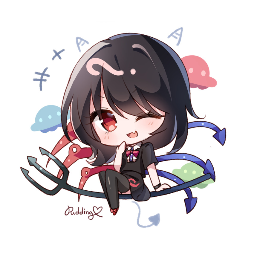 +++ 1girl ;d ? artist_name asymmetrical_wings black_hair black_shirt black_skirt blue_wings bow bowtie chibi commentary_request demon_tail eyebrows_visible_through_hair fang hand_up highres horns houjuu_nue laughing looking_at_viewer medium_hair one_eye_closed open_mouth polearm pudding_(skymint_028) red_bow red_eyes red_footwear red_neckwear red_wings shirt shoe_bow shoes short_sleeves simple_background sitting skin_fang skirt skirt_set smile solo tail touhou trident ufo v-shaped_eyebrows weapon white_background wings wristband