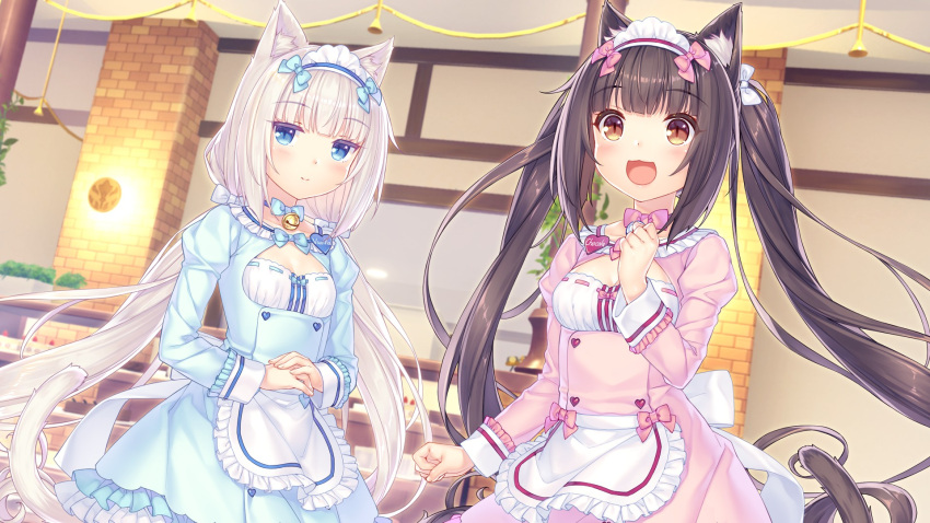 animal_ear_legwear animal_ears bell bell_collar cafe cat cat_cafe cat_ear_legwear cat_ears cat_tail chocola_(nekopara) collar highres jingle_bell nekopara sayori_(neko_works) tail tail_ornament vanilla_(nekopara) waitress