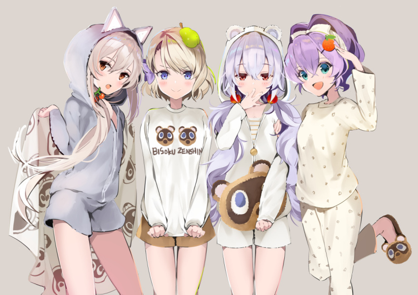 &gt;:) 4girls :d alternate_costume alternate_hairstyle animal_hood ann_(ann58533111) apple_hair_ornament ayanami_(azur_lane) azur_lane bangs blue_eyes c: carrying casual cat_hood cherry_hair_ornament collarbone commentary_request contemporary covering_mouth eyebrows_visible_through_hair food_themed_hair_ornament grey_background hair_ornament hairband hairpin head_tilt holding_sheet hood hooded_jacket jacket javelin_(azur_lane) laffey_(azur_lane) light_brown_hair long_hair low_twintails multiple_girls one_side_up open_mouth orange_eyes pajamas ponytail raccoon_hood salute short_hair short_shorts shorts sidelocks silver_hair simple_background slippers smile standing standing_on_one_leg strawberry_hair_ornament stuffed_animal stuffed_raccoon stuffed_toy tanuki twintails z23_(azur_lane)