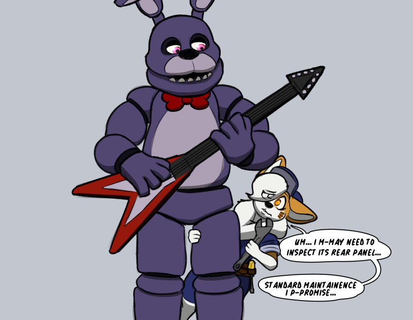 ... 2021 animatronic anthro belt big_ears black_nose bonnie_(fnaf) bottomwear bow_tie brown_body brown_ears brown_fur canid canine canis clothed clothing dialogue domestic_dog duo eye_through_hair eyebrow_through_hair eyebrows female five_nights_at_freddy's fur grey_background guitar guitarist hair half-closed_eyes hand_on_leg hat headgear headwear hi_res lagomorph leporid long_ears long_hair looking_aside looking_at_viewer looking_down machine male mammal mana_hallowhound_(character) manahallowhound mechanic multicolored_body multicolored_ears multicolored_fur musical_instrument narrowed_eyes open_mouth orange_eyes pink_eyes plucked_string_instrument purple_body purple_ears rabbit robot screwdriver shadow shirt shorts simple_background size_difference speech_bubble standing standing_behind string_instrument teeth thick_thighs tool_belt tools topwear translucent translucent_hair two_tone_body two_tone_ears uniform video_games white_body white_ears white_fur white_hair wrench