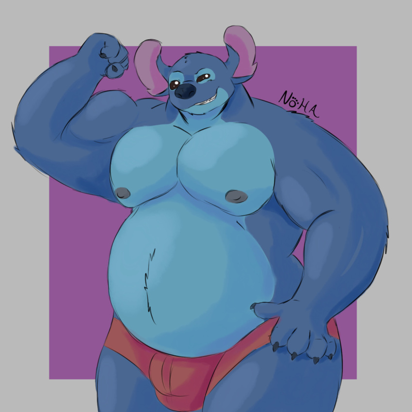 1:1 2021 5_fingers alien anthro anthrofied biceps biped black_eyes blue_claws blue_nose bulge claws clothing colored_sketch disney experiment_(lilo_and_stitch) eyebrows fingers flexing grey_nipples hand_on_hip hi_res lilo_and_stitch looking_at_viewer male musclegut nipples notched_ear pecs raised_eyebrow red_clothing red_underwear simple_background smile smirk snowfoxy1 solo standing stitch_(lilo_and_stitch) underwear