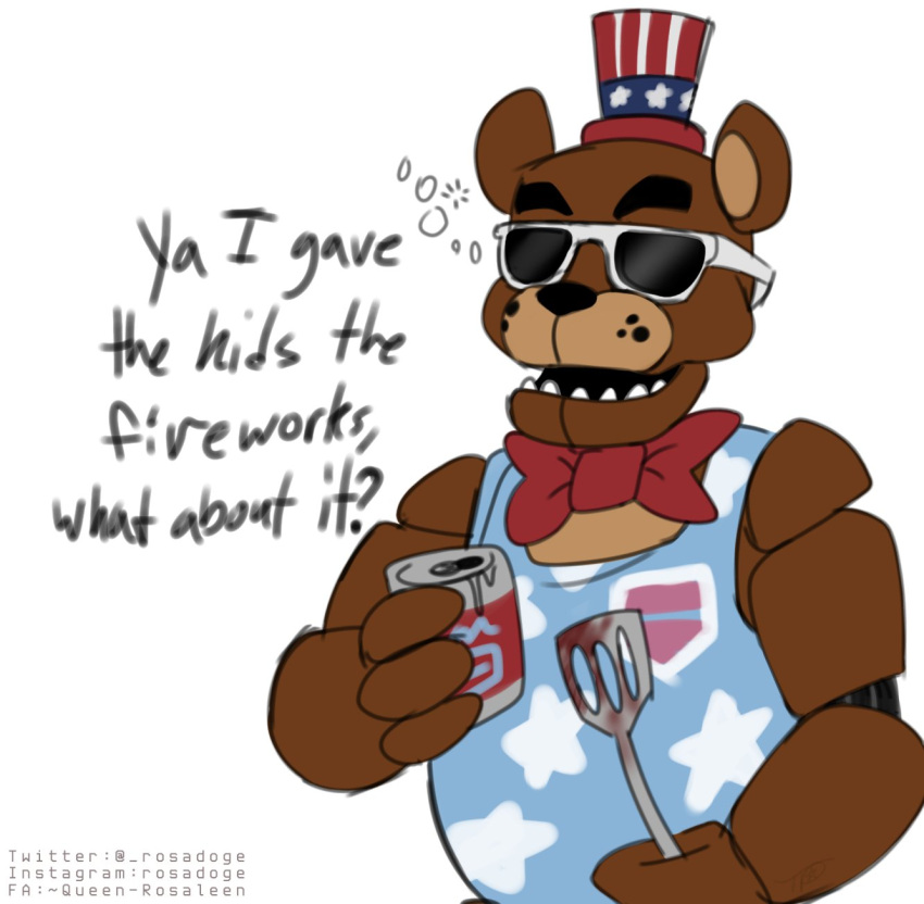 2021 ? alcohol animatronic anthro beer beverage beverage_can black_nose bow_tie brown_ears can clothed clothing dialogue drunk english_text eyewear firework_freddy_(fnaf) five_nights_at_freddy's five_nights_at_freddy's_ar freddy_(fnaf) glasses hat headgear headwear hi_res humor machine male mammal multicolored_ears open_mouth patriotic_clothing question robot rosadoge sharp_teeth shirt simple_background solo spatula standing star substance_intoxication tank_top teeth text tools top_hat topwear two_tone_ears ursid video_games white_background