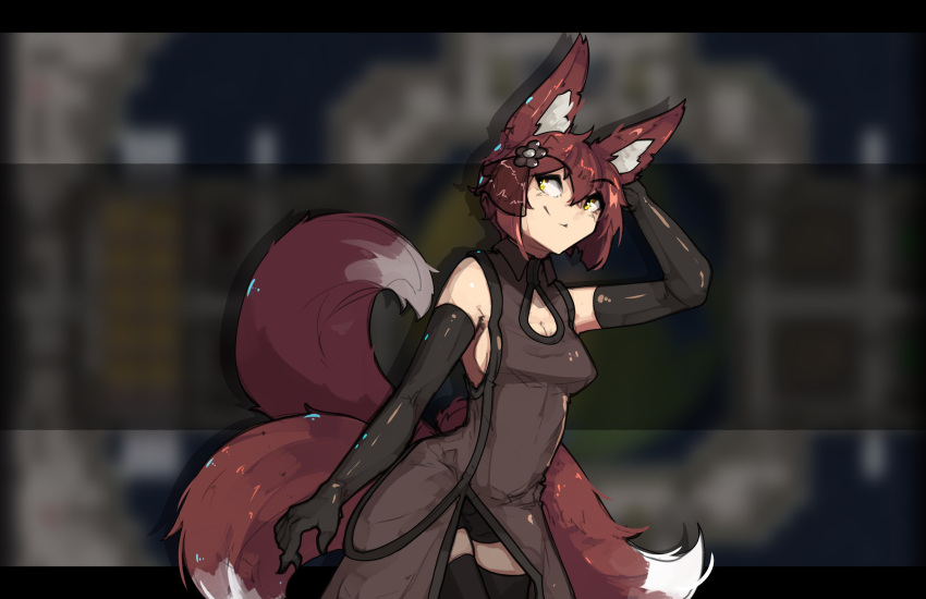 1girl animal_ears bare_shoulders black_dress black_legwear breasts china_dress chinese_clothes cleavage commentary dress elbow_gloves english_commentary flower fox_ears fox_girl fox_tail gloves hair_flower hair_ornament highres kurin_(rimworld) large_breasts multiple_tails rimworld short_hair shuuko_(s_h_uuko) side_slit smile solo tail thighhighs yellow_eyes zettai_ryouiki