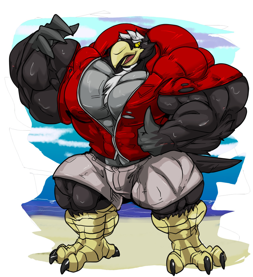 2020 4_fingers 4_toes absurd_res anthro avian barefoot beak big_muscles big_pecs bottomwear chest_tuft clothing feet fierglief fingers flexing gesture hi_res huge_muscles huge_pecs hyper hyper_muscles jacket male muscular muscular_anthro muscular_male open_mouth pants pecs solo thumbs_up toes topwear torn_clothing tuft