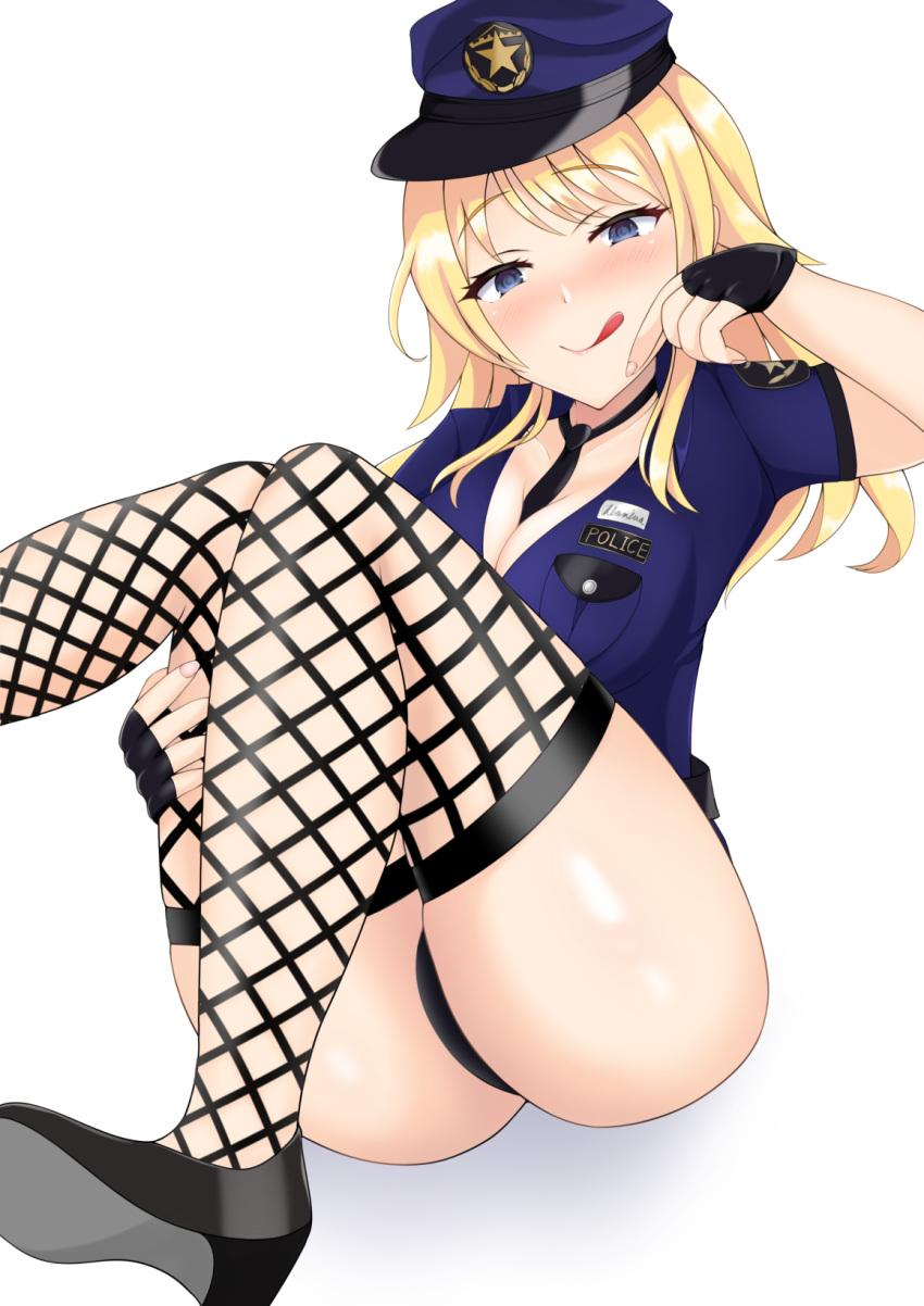 blonde_hair blue_eyes blush fingerless_gloves fishnets gloves hachimiya_meguru hand_on_own_face hat highres idolmaster idolmaster_shiny_colors licking_lips necktie police police_hat police_uniform policewoman shira_hon tongue tongue_out uniform white_background