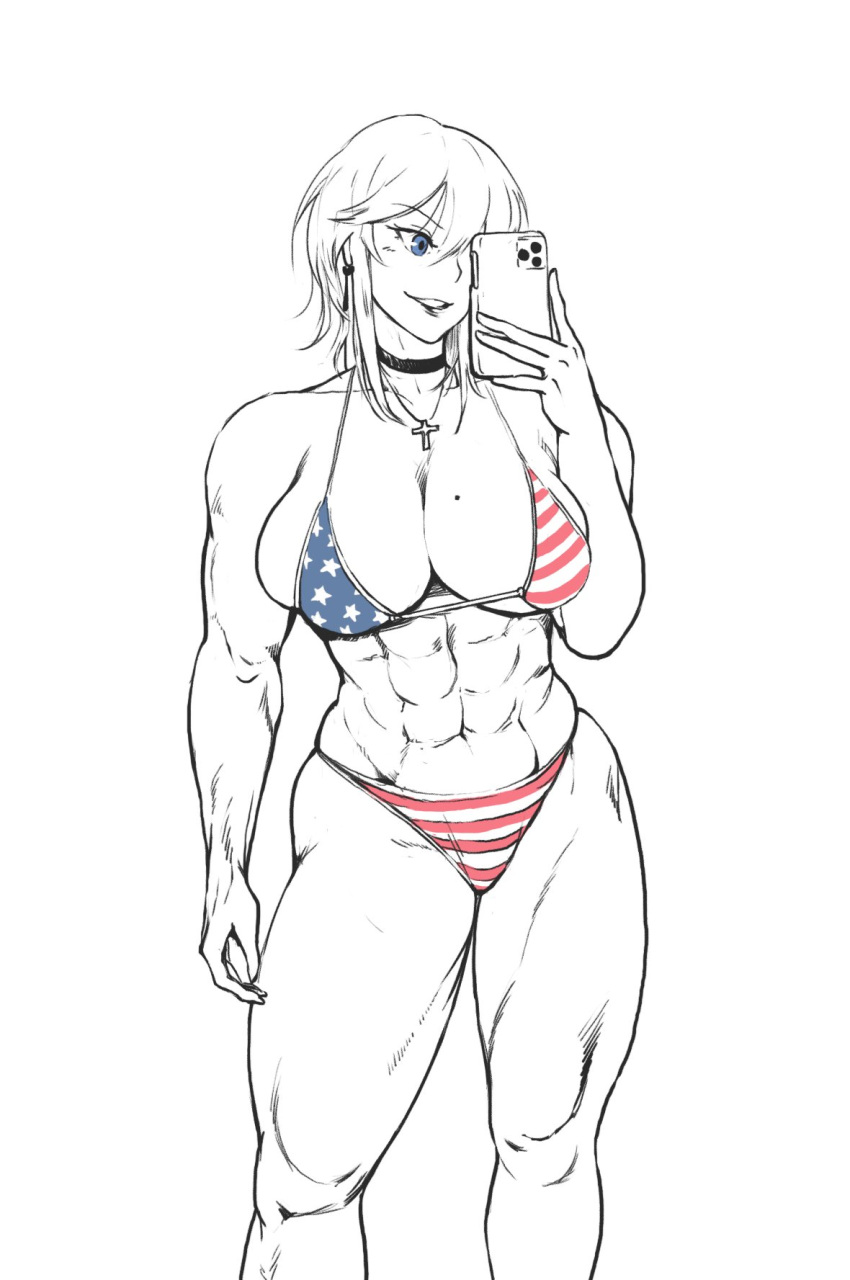 1girl abs american_flag_bikini azur_lane bangs bare_shoulders biceps bikini bikini_bottom bikini_top blue_eyes breasts cellphone choker cleavage collarbone cross cross_choker cross_necklace earrings eyebrows_visible_through_hair flag_print highres holding holding_phone jewelry large_breasts mole mole_on_breast monochrome muscular muscular_female navel necklace open_mouth phone secksei self_shot sidelocks smartphone smile solo standing swimsuit taking_picture thick_thighs thighs washington_(azur_lane) white_background