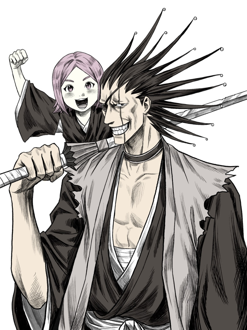 1boy 1girl bandaged_chest black_choker black_hair black_kimono bleach choker clenched_hand eyepatch grin hand_up haori highres japanese_clothes kimono kusajishi_yachiru long_hair over_shoulder parted_bangs pink_eyes pink_hair scar scar_across_eye scar_on_face shihakusho shinigami short_hair smile spiked_hair taichou_haori teeth torn_clothes torn_sleeves trano_613 weapon weapon_over_shoulder white_background zanpakutou zaraki_kenpachi