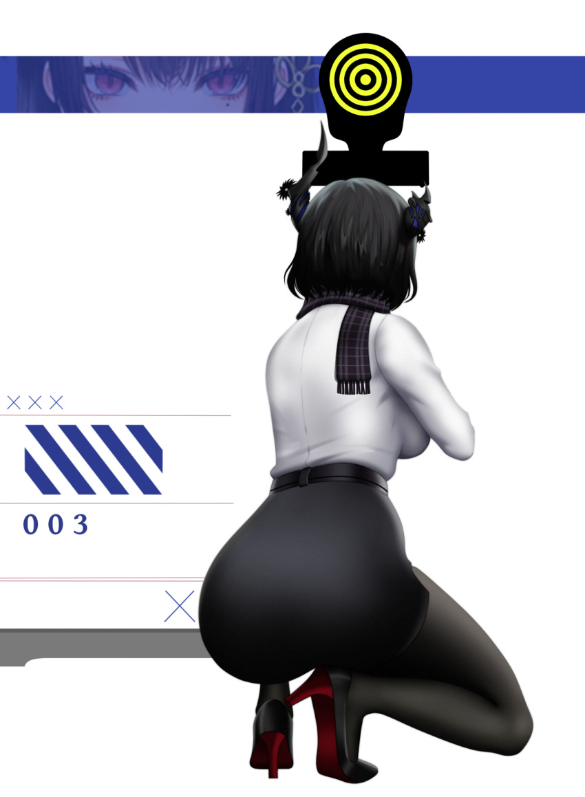 1girl ass asymmetrical_horns belt black_belt black_hair black_pantyhose blackcapbandit breasts demon_horns firing goddess_of_victory:_nikke high_heels highres hololive hololive_english horns large_breasts nerissa_ravencroft nerissa_ravencroft_(casual) office_lady pantyhose pencil_skirt scarf shirt shirt_tucked_in skirt solo target target_practice tiptoes uneven_horns virtual_youtuber white_shirt