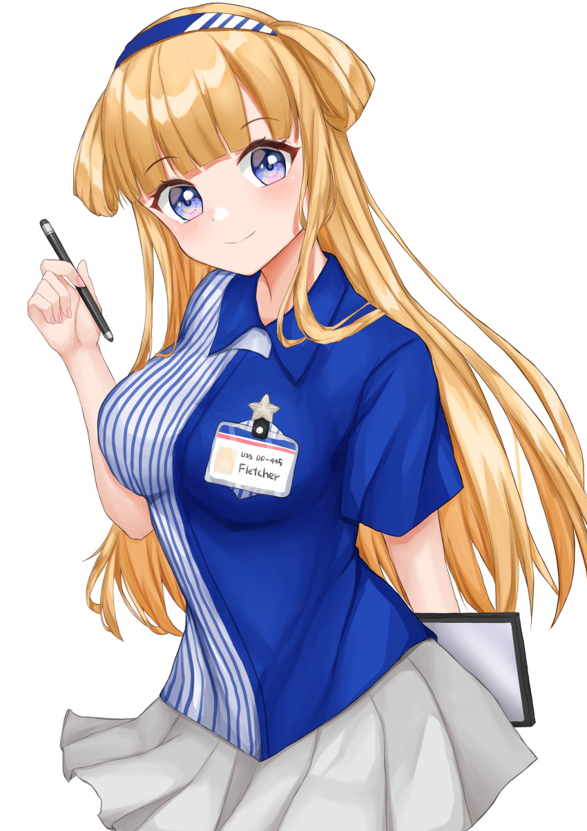 1girl absurdres blonde_hair blush breasts collared_shirt double_bun employee_uniform fletcher_(kancolle) highres holding holding_stylus id_card kantai_collection large_breasts lawson long_hair namakarashi name_tag pen pleated_skirt purple_eyes shirt skirt smile solo store_clerk striped striped_shirt stylus tablet_pc uniform vertical-striped_shirt vertical_stripes white_background