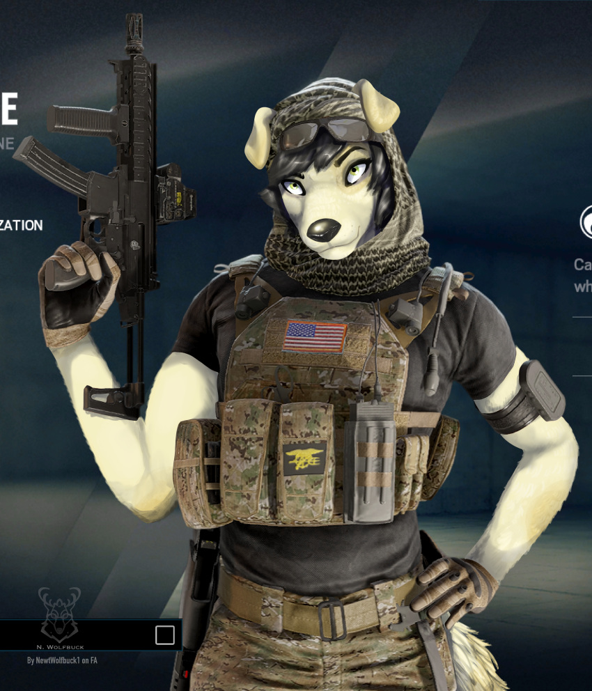 absurd_res anthro black_hair canid canine canis domestic_dog draw_over female fur green_eyes gun hair hi_res mammal michelle_melinao military newt_wolfbuck rainbow_six:_siege ranged_weapon screencap solo valkyrie_(r6s) weapon white_body white_fur yellow_body yellow_fur