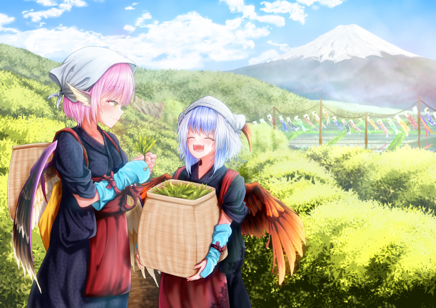 2girls alternate_costume arm_warmers bangs basket besuteia bird_wings blue_hair blue_kimono blue_sky closed_eyes cloud commentary_request cowboy_shot day eyebrows_visible_through_hair feathered_wings from_side hakama_skirt head_scarf herb highres holding holding_basket holding_plant japanese_clothes kimono koinobori looking_at_another lower_teeth mount_fuji mountain multiple_girls mystia_lorelei open_mouth outdoors pink_hair short_hair sky smile standing tasuki teeth tokiko_(touhou) touhou upper_teeth wings yellow_eyes