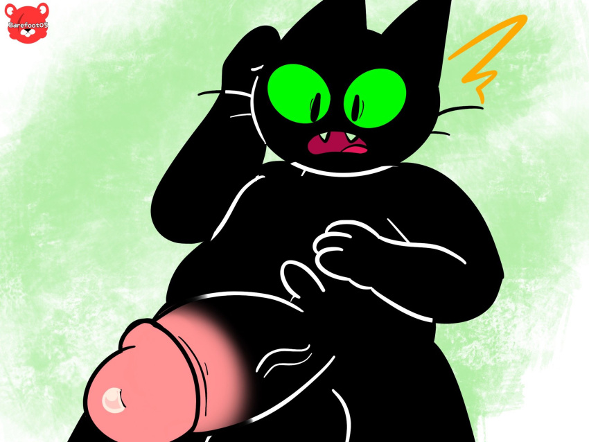 4:3 anthro balls barefoot05 black_penis bodily_fluids cartoon_network domestic_cat erection fangs felid feline felis foreshortening genital_fluids genitals glans hand_on_head hand_on_stomach hi_res looking_down male mammal mao_mao:_heroes_of_pure_heart nude open_mouth penis penis_close-up pink_glans precum sheriff_mao_mao_mao solo surprise watermark