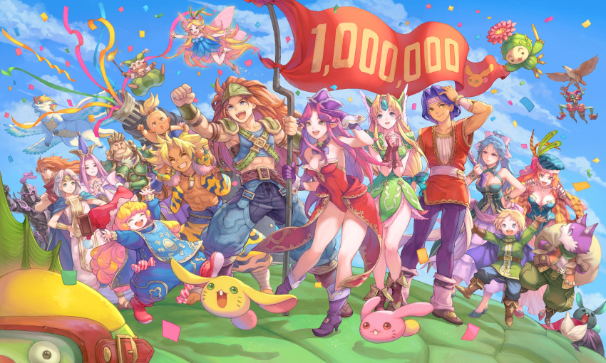 6+boys 6+girls absurdres angela_(seiken_densetsu_3) armor blue_sky buck_teeth charlotte_(seiken_densetsu_3) commentary confetti deathjester duran_(seiken_densetsu_3) english_commentary everyone faerie_(seiken_densetsu_3) flag flammie flying goggles haccan hawkeye_(seiken_densetsu_3) heath_(seiken_densetsu_3) highres isabella_(seiken_densetsu_3) jessica_(seiken_densetsu_3) kevin_(seiken_densetsu_3) leotard milestone_celebration multiple_boys multiple_girls muscular official_art open_mouth rabite riesz round_teeth seiken_densetsu seiken_densetsu_3 shoulder_armor sky smile square_enix standing teeth valda_(seiken_densetsu_3)