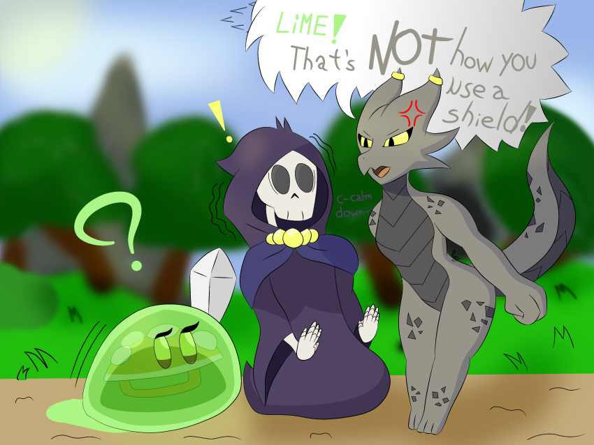 ! ? absurd_res ambiguous_gender angry animated_skeleton anthro bone clothed clothing coal_(rakkuguy) day dirt_road female goo_creature grass green_eyes grey_body grey_scales group hi_res kobold lime_(rakkuguy) loglord melee_weapon mountain open_mouth plant robe scales shelley_(rakkuguy) shield skeleton speech_bubble sword text tree undead weapon yellow_eyes