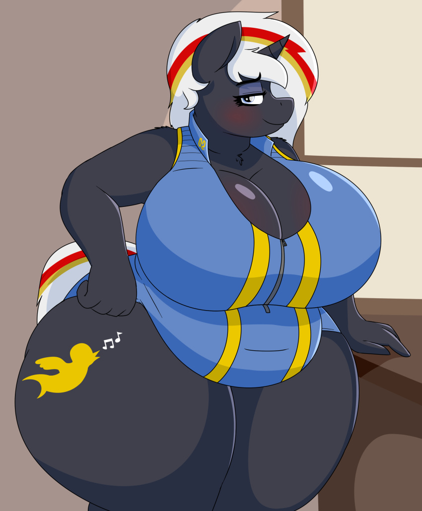 absurd_res anthro big_breasts blush breasts chest_tuft cleavage clothed clothing coatieyay equid equine fallout_equestria fan_character female hasbro hi_res horn huge_breasts mammal my_little_pony overweight overweight_anthro overweight_female solo thick_thighs tuft unicorn velvet_remedy