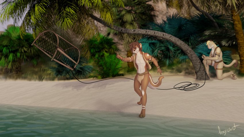 absurd_res anthro apollo_the_cougar cougar duo felid feline ferloo fishing foxyghost hi_res humanoid lutrine male mammal mostly_nude mustelid plant tree water