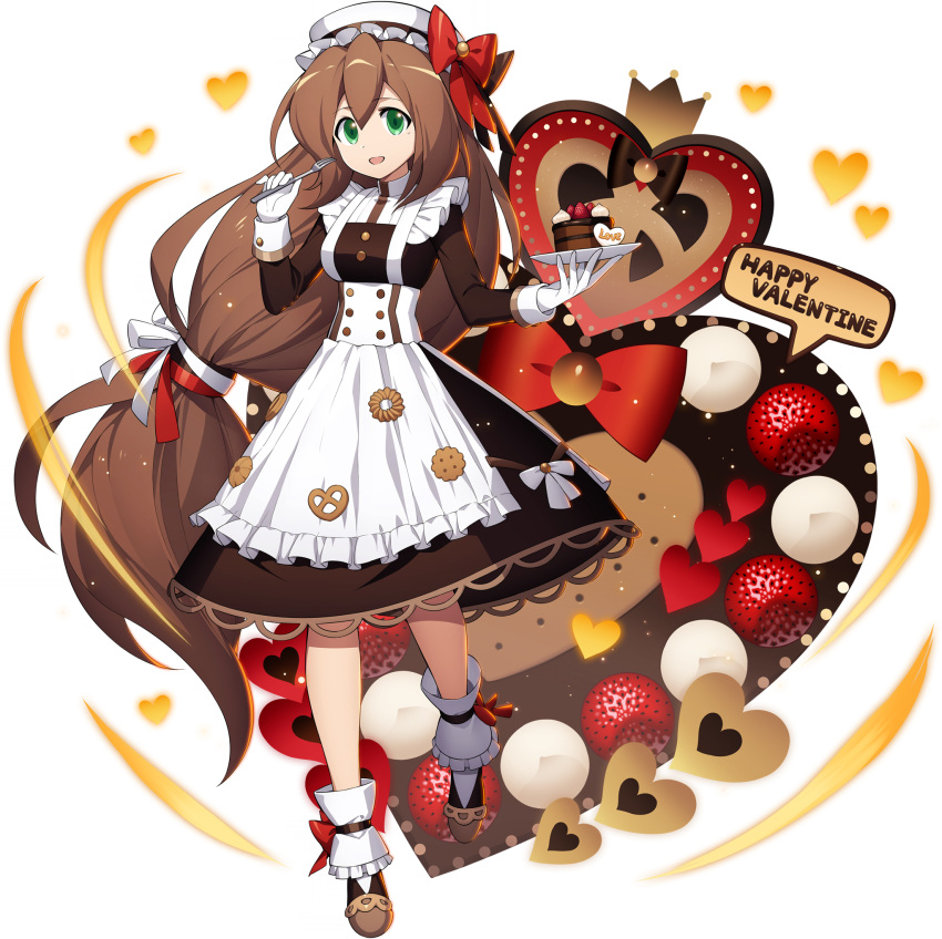 1girl :d android apron bangs bow box box_of_chocolates breasts brown_hair cake candy chocolate chocolate_heart dress food frilled_dress frills full_body gloves green_eyes hair_between_eyes hair_ornament happy_valentine hat heart heart-shaped_box helmet highres iris_(rockman_x) long_hair looking_at_viewer low-tied_long_hair maid maid_apron medium_breasts mizuno_keisuke obligation_chocolate official_art open_mouth ponytail ribbon robot rockman rockman_x rockman_x4 rockman_x_dive smile solo third-party_source tied_hair transparent_background valentine very_long_hair white_gloves