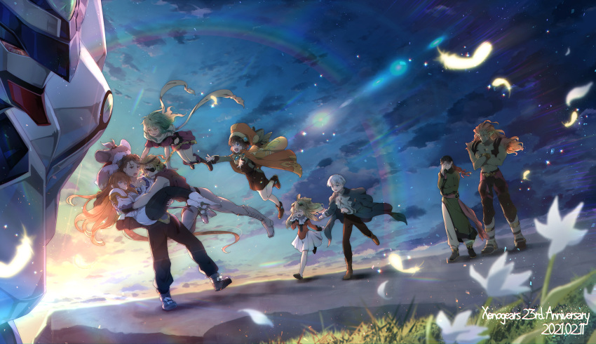 animal aqua_eyes black_hair blue_eyes brown_eyes brown_hair clouds dress eyepatch feathers flowers glasses gray_hair green_hair group hat long_hair male petals ribbons scarf short_hair sky soukuu_kizuna sunset tears xenogears yellow_eyes