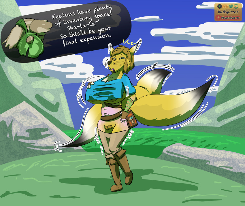 5_fingers anthro big_breasts biped breast_expansion breasts canid canine cleavage cleavage_cutout clothed clothing detailed_background dialogue dialogue_box dustyerror english_text expansion female fingers fox fur gender_transformation genitals hair hestu hi_res huge_breasts humanoid_to_anthro keaton link mammal mtf_transformation nintendo nipple_outline pale_skin pubes pussy shaking simple_background solo text the_legend_of_zelda trans_(lore) trans_woman_(lore) transformation trembling under_boob video_games whiskers wide_hips