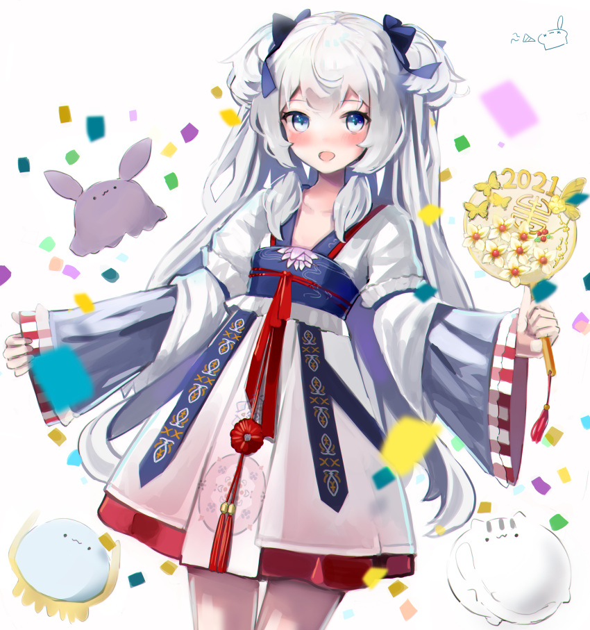 1girl absurdres black_bow bow chinese_clothes grey_hair hair_bow hanfu happy_new_year highres indie_virtual_youtuber new_year retorillo shanoa_(vtuber) silver_hair two_side_up virtual_youtuber