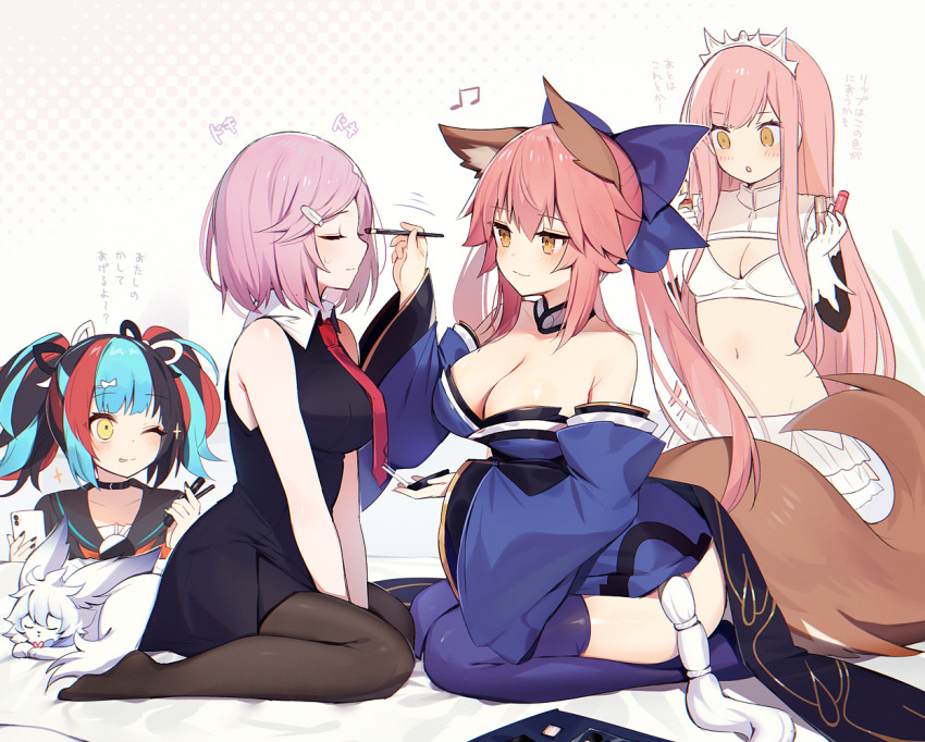 animal animal_ears blush bow choker dress fate/grand_order fate_(series) long_hair mash_kyrielight medb_(fate/grand_order) muryou pink_hair purple_hair sey_shonagon short_hair stockings tail tamamo_no_mae_(fate) twintails yellow_eyes