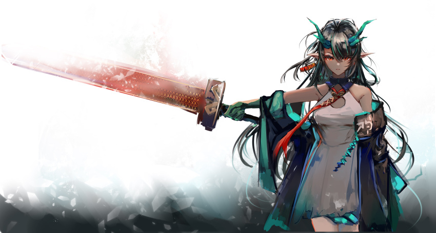 arknights black_hair dress dusk_(arknights) horns long_hair pointed_ears red_eyes sword tagme_(artist) weapon