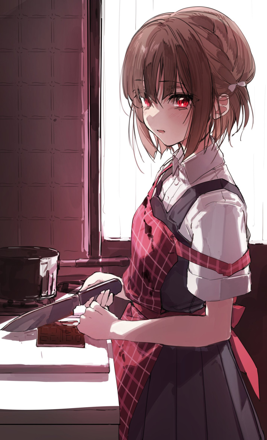 1girl apron bangs black_skirt blunt_bangs blush brown_hair chocolate commentary_request eyebrows_visible_through_hair highres holding holding_knife knife looking_at_viewer off_shoulder original plaid plaid_apron red_apron red_eyes shirt short_hair short_sleeves skirt solo valentine wattaro white_shirt