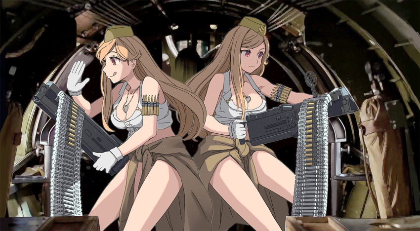 2girls :q ammunition_belt between_breasts breasts brown_hair brown_jacket cleavage clothes_around_waist commentary_request dog_tags dual_persona dummy girls_frontline gloves gun heavy_machine_gun holding holding_gun holding_weapon jacket jacket_around_waist large_breasts long_hair m2hb m2hb_(girls_frontline) machine_gun memphis_belle multiple_girls parody plane_interior red_eyes scene_reference shirt sleeveless sleeveless_shirt smile tab_(tabkun) tied_shirt tongue tongue_out weapon white_gloves white_shirt