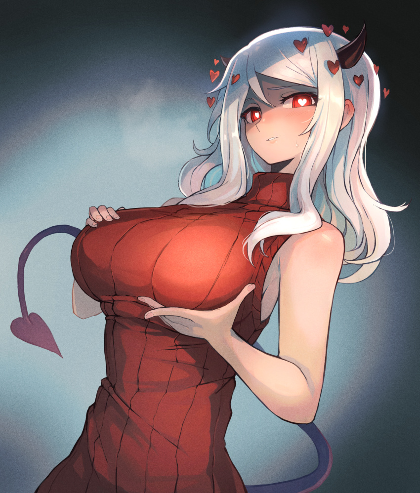 1girl bangs bare_arms bare_shoulders black_horns blush breasts closed_mouth commentary demon_girl demon_horns demon_tail gradient gradient_background hands_on_own_breasts hands_up heart heart-shaped_pupils helltaker highres horns large_breasts long_hair looking_at_viewer modeus_(helltaker) ohako_(ohako1818) red_eyes red_sweater ribbed_sweater sleeveless smile solo sweatdrop sweater symbol-shaped_pupils tail turtleneck upper_body