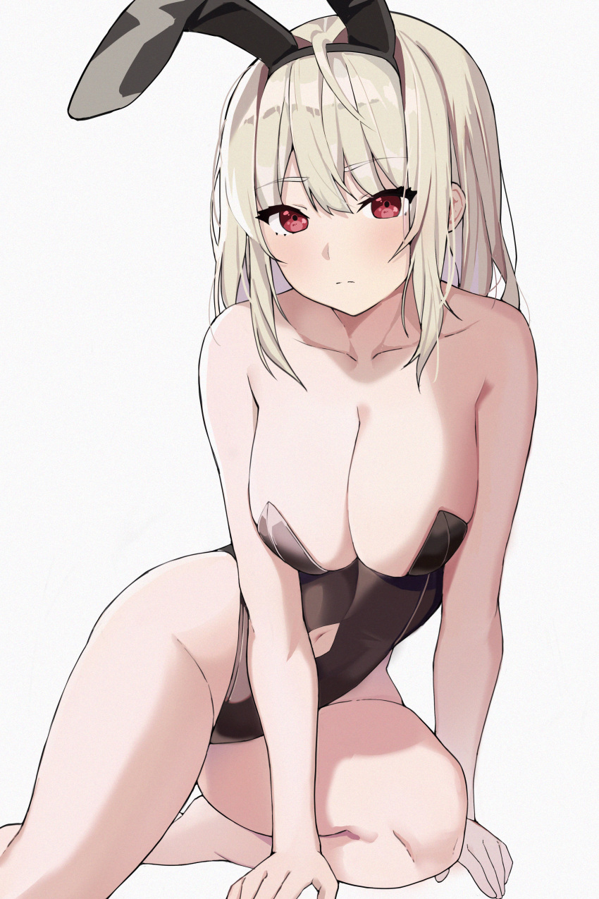 1girl absurdres animal_ears bare_arms bare_legs bare_shoulders barefoot between_legs black_leotard blonde_hair breasts cleavage closed_mouth clothing_cutout collarbone commission fake_animal_ears hairband highleg highleg_leotard highres kiro_(kirotayu) large_breasts leotard looking_at_viewer medium_hair navel navel_cutout original playboy_bunny rabbit_ears red_eyes simple_background solo strapless strapless_leotard thighs white_background