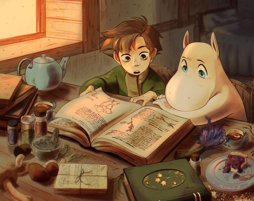 absurd_res anthro bed blue_eyes book brown_eyes brown_hair chair clothed clothing detailed_background duo fungus furniture hair hi_res humanoid male merakid0 moomin moomintroll mushroom reading reading_book scarf snufkin table teapot the_moomins