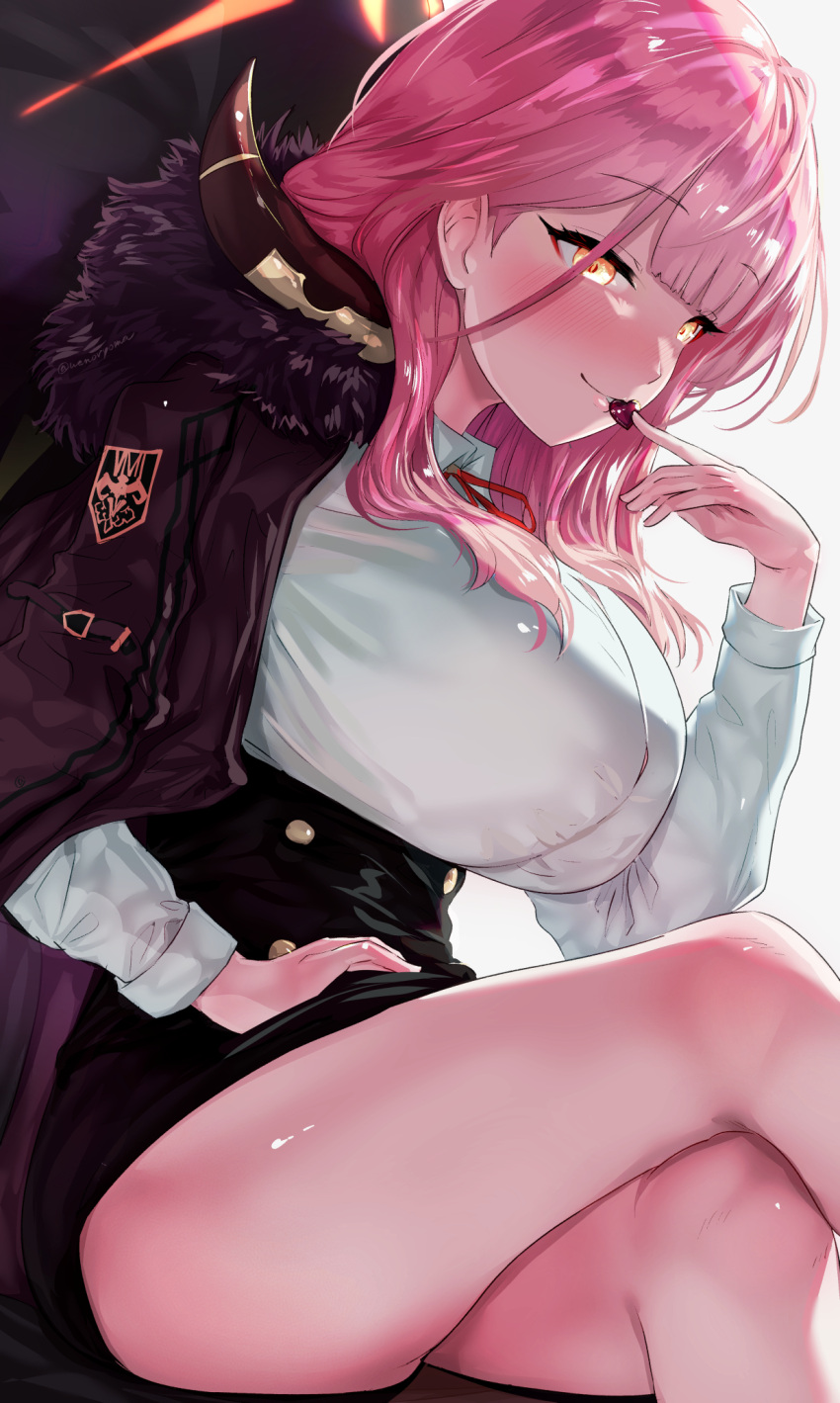 1girl aru_(blue_archive) bangs black_jacket blue_archive blunt_bangs blush breasts candy chocolate chocolate_heart closed_mouth commentary_request crossed_legs eyebrows_visible_through_hair food fur-trimmed_jacket fur_trim grey_background heart highres huge_breasts jacket legs long_sleeves looking_at_viewer pink_hair shirt simple_background sitting smile solo thighs uenoryoma white_shirt yellow_eyes