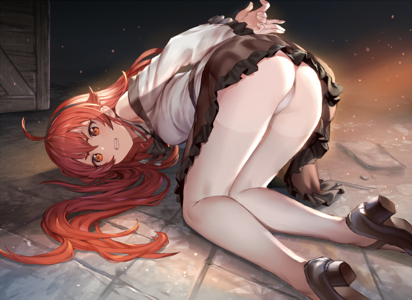 77gl ass bondage eris_greyrat long_hair mushoku_tensei panties red_hair skirt_lift underwear waifu2x