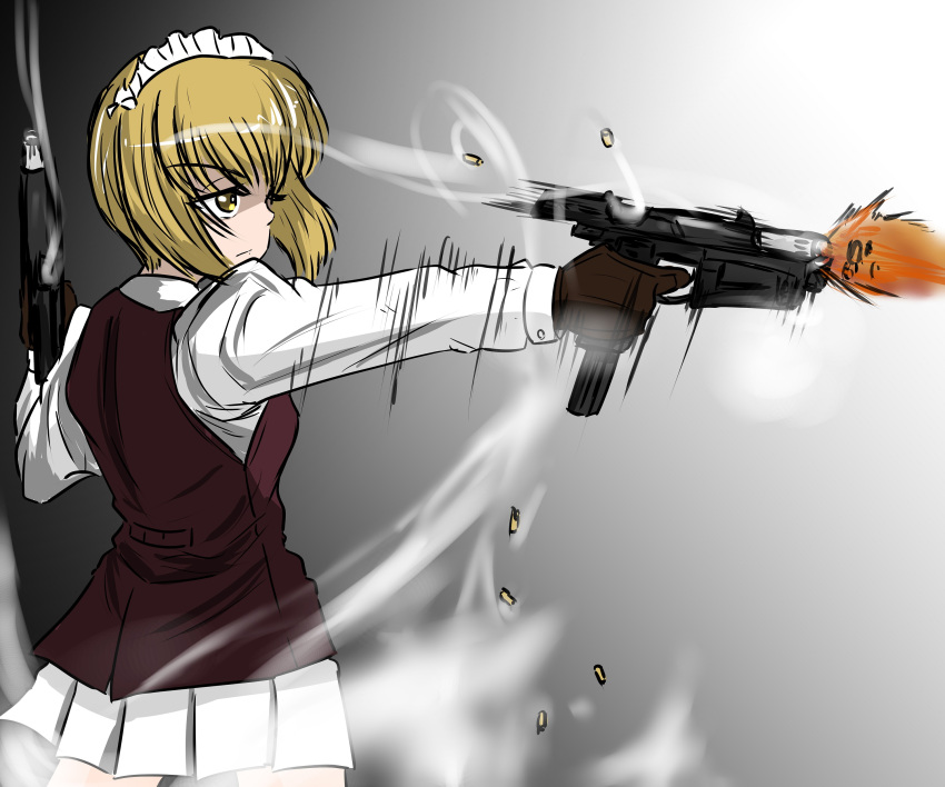 1girl absurdres bangs bartender black_gloves blonde_hair blunt_bangs bob_cut brown_vest closed_mouth commentary cutlass_(girls_und_panzer) dress_shirt dual_wielding eyebrows_visible_through_hair firing frown girls_und_panzer gloves grey_background gun highres holding long_sleeves looking_to_the_side machine_pistol maid_headdress miniskirt moesenyukikaze motion_blur pleated_skirt pm-63_rak school_uniform shell_casing shirt short_hair skirt smoke solo standing vest weapon white_shirt white_skirt yellow_eyes