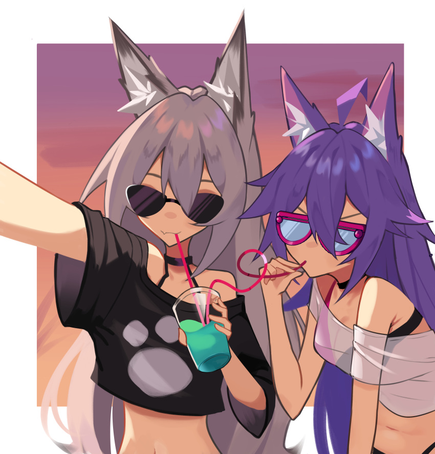 2girls absurdres animal_ear_fluff animal_ears bikini bikini_under_clothes black_shirt breasts cleavage cropped_shirt drinking_straw drinking_straw_in_mouth fang fang_out ghost_(tama) grey_hair halter_top halterneck highres hunched_over indie_virtual_youtuber long_hair medium_breasts multiple_girls navel negg_nasu original paw_print purple_hair self_shot shirt skin_fang smile sunglasses swimsuit virtual_youtuber wolf_ears wolf_girl