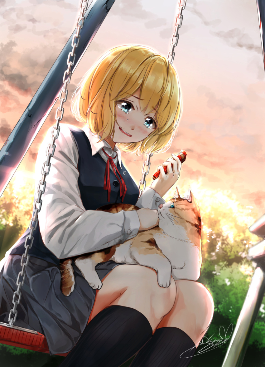 1girl animal_on_lap bangs black_legwear black_skirt black_vest blonde_hair blue_eyes blush box cat cat_on_lap chain cloud cloudy_sky column commentary_request dutch_angle eyebrows_visible_through_hair feet_out_of_frame from_below gift gift_box hand_rest highres holding holding_gift kneehighs long_sleeves looking_at_animal looking_down open_mouth original outdoors pillar pink_sky red_neckwear red_ribbon ribbon school_uniform shirt short_hair signature sitting skirt sky solo soragane_(banisinngurei) swing tearing_up twilight upper_teeth valentine vest white_shirt