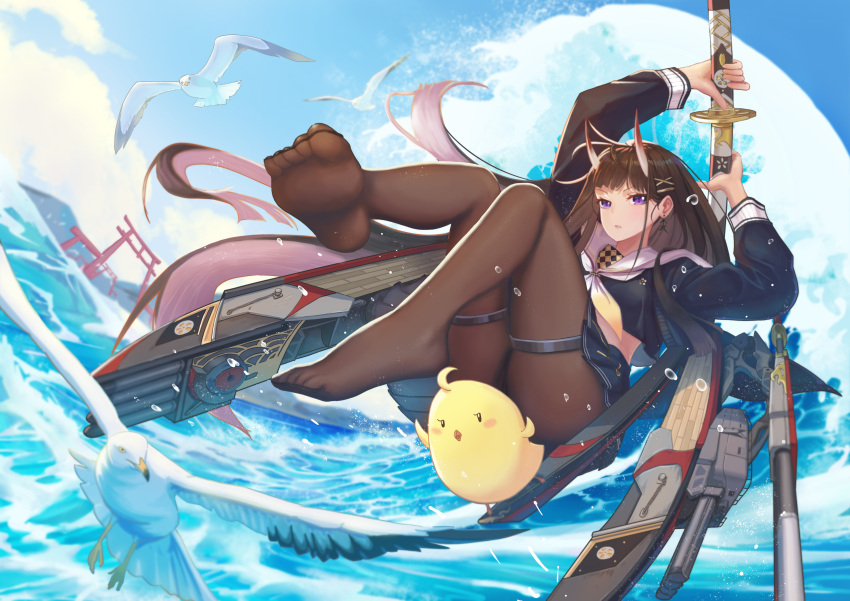 1girl absurdres azur_lane black_cardigan black_serafuku black_skirt brown_hair brown_legwear cardigan full_body hair_ornament hairclip highres holding holding_sheath holding_sword holding_weapon horns long_hair looking_at_viewer manjuu_(azur_lane) midriff_peek miniskirt neckerchief no_shoes noshiro_(azur_lane) oni_horns open_cardigan open_clothes pantyhose philter pleated_skirt purple_eyes rigging sailor_collar school_uniform serafuku sheath sheathed skirt soles solo sword thigh_strap torii torpedo_launcher torpedo_tubes water weapon white_bird white_sailor_collar x_hair_ornament