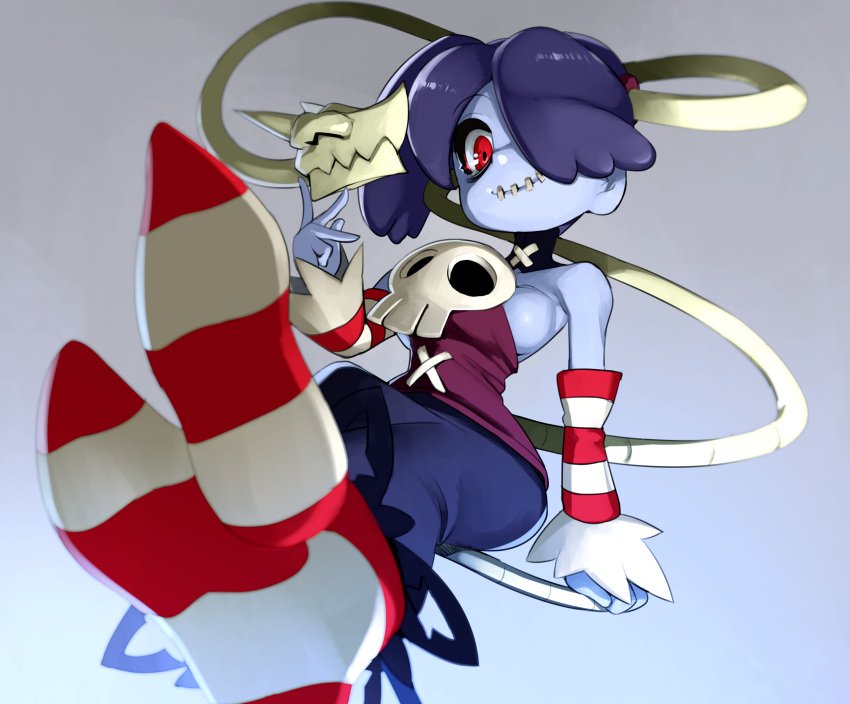 1girl bare_shoulders blue_background blue_hair breasts commentary feet foot_focus gradient gradient_background hair_over_one_eye highres leviathan_(skullgirls) looking_at_viewer medium_breasts naze red_eyes short_hair skull skullgirls smile squigly_(skullgirls) stitched_mouth stitches striped striped_legwear thighhighs zombie