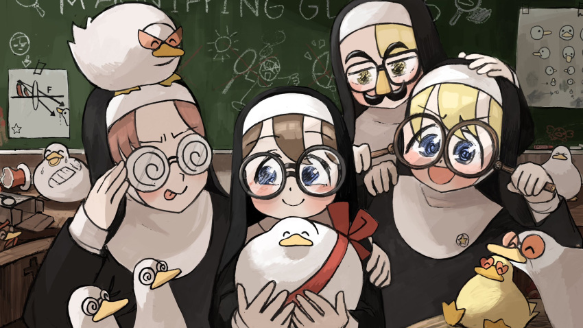 &gt;_&lt; 4girls :d :p ^_^ animal_on_hand animal_on_head bird blonde_hair blue_eyes box broken_vase brown_hair catholic chalkboard chicken chili_pepper closed_eyes coke-bottle_glasses commentary diva_(hyxpk) drawing duck duckling english_commentary eye_chart food food_on_head funny_glasses geometry glasses habit hand_on_another's_head hand_on_another's_shoulder heart heart-shaped_eyewear highres holding holding_eyewear holding_magnifying_glass kamina_shades little_nun_(diva) looking_to_the_side magnifying_glass mouth_hold multiple_girls nun object_on_head on_head open_mouth pince-nez red_hair ribbon round_eyewear shoe_print smile star_(symbol) sticker sun tongue tongue_out vase x yellow_eyes