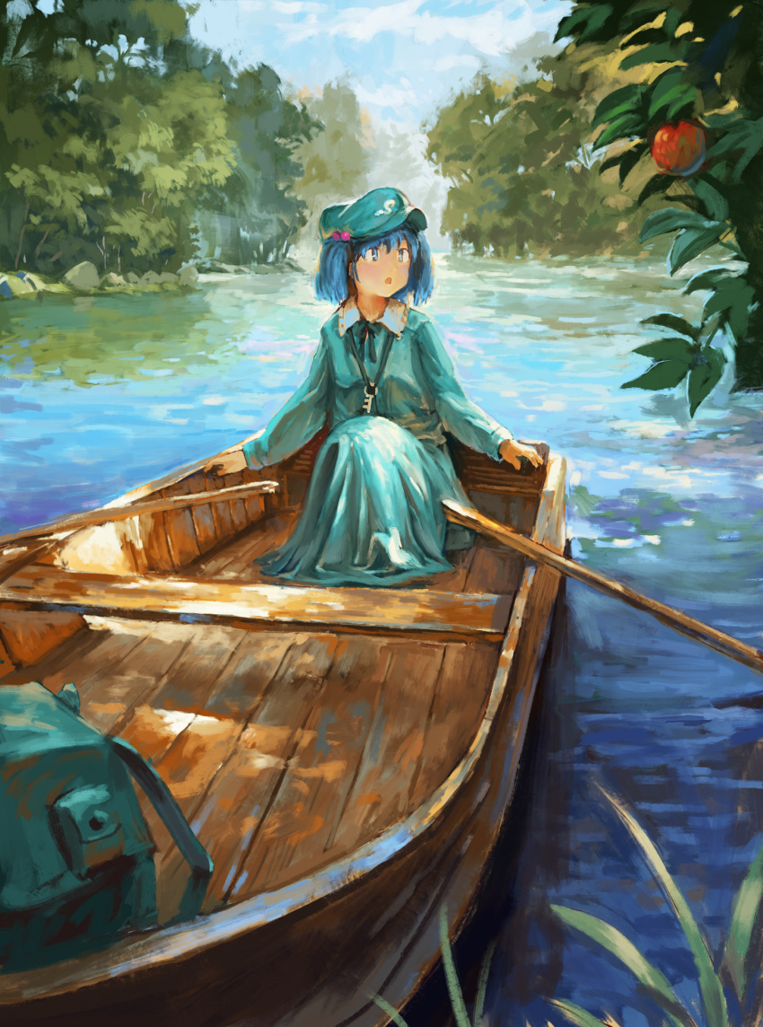 1girl :o apple backpack backpack_removed bag blue_eyes blue_hair blue_headwear blue_shirt blue_skirt blue_sky cloud day fjsmu flat_cap food forest fruit hair_bobbles hair_ornament hat highres kawashiro_nitori key knees_up long_sleeves looking_to_the_side nature oar open_mouth outdoors river rowboat shirt short_hair sitting skirt sky solo touhou tree_branch two_side_up