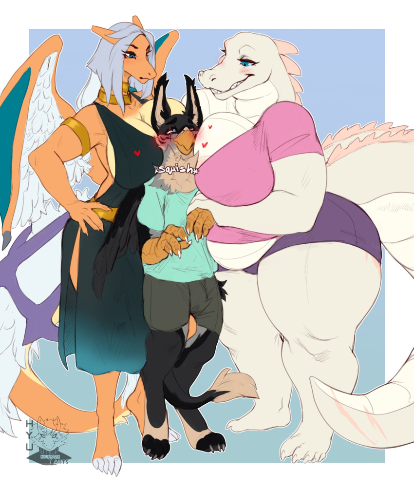 &lt;3 anthro avian big_breasts blush breast_smother breasts crocodilian dragon female gryphon hi_res hyucaze larger_female male male/female mythological_avian mythology reptile scalie size_difference smaller_male smothering thick_thighs