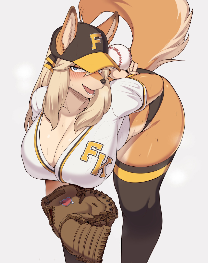 absurd_res anthro ball baseball_(ball) bent_over big_breasts bodily_fluids breasts canid canine catcher's_mitt cervina7_(artist) cleavage clothed clothing female hi_res mammal raised_tail solo sweat
