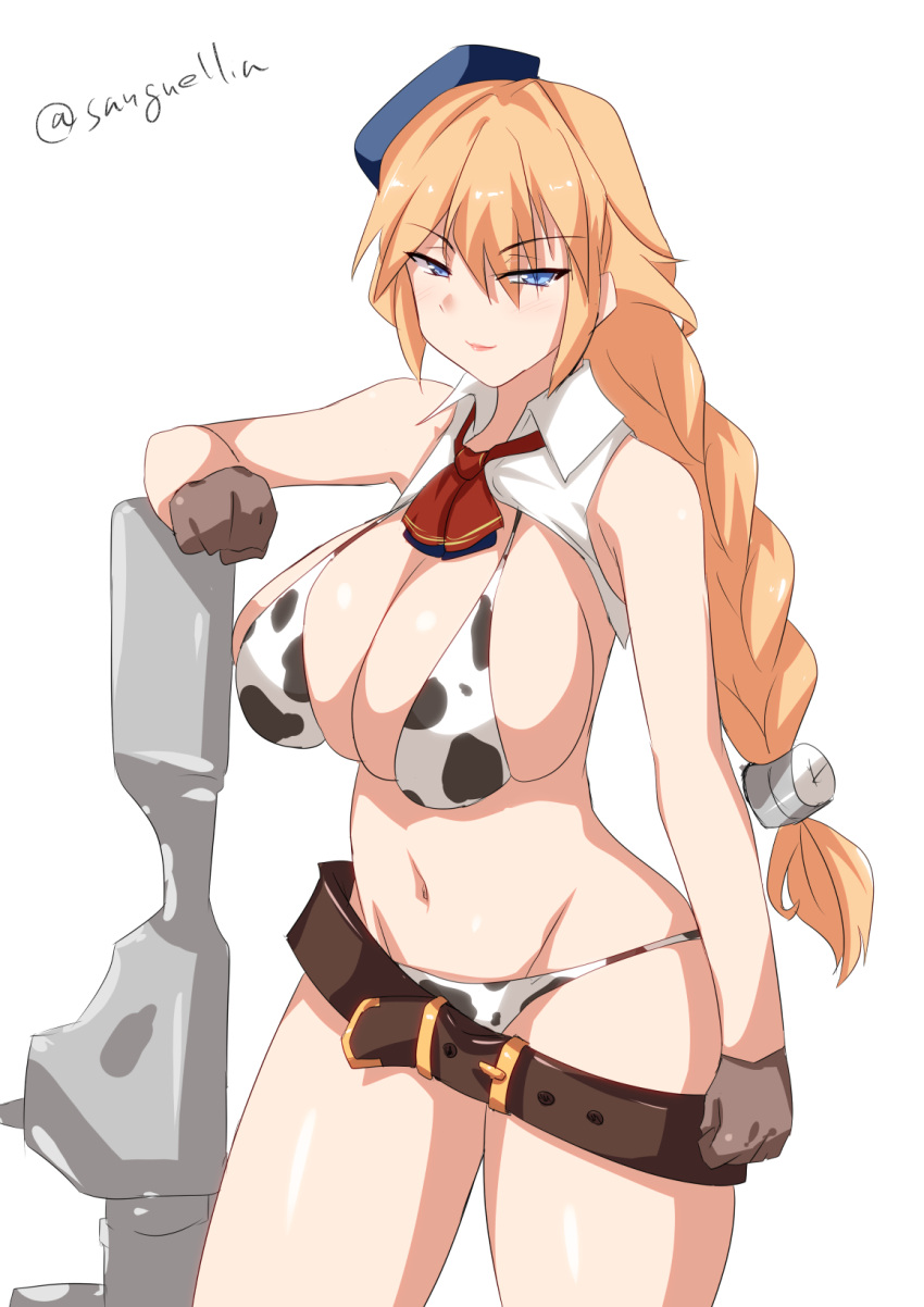 animal_print bare_shoulders belt belt_buckle beret bikini bikini_bottom bikini_top blonde_hair blue_eyes blush braid braided_ponytail breasts brown_belt buckle cannon cleavage collar cow_print des_moines_(warship_girls_r) gloves gun hat highres holding holding_gun holding_weapon huge_breasts navel necktie sangue_llia swimsuit thighs warship_girls_r weapon