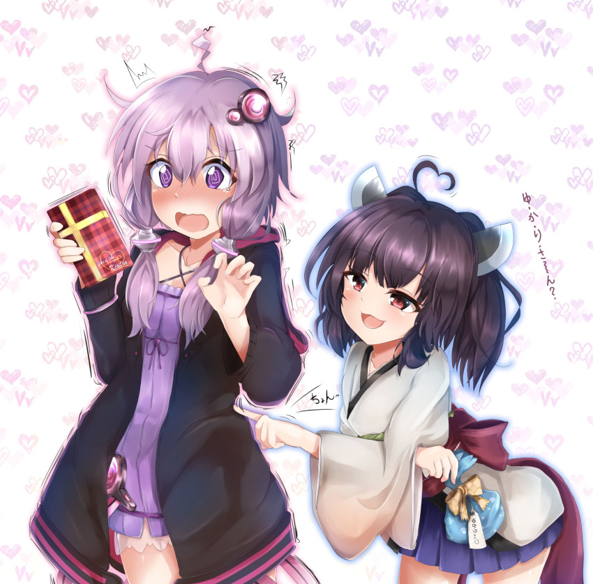 2girls @_@ ^^^ ahoge animal_ears bag black_jacket blue_skirt blush box box_of_chocolates brown_hair bunny_ears chocolate cowboy_shot criss-cross_halter dress food frilled_dress frills hair_ornament hair_tubes halterneck headgear heart heart_ahoge heart_background highres holding holding_box holding_chocolate holding_food hood hooded_jacket jacket japanese_clothes kaine_(gupisgood) kimono leaning_forward miniskirt multiple_girls open_mouth pleated_skirt poking purple_dress purple_eyes purple_hair red_eyes short_hair sidelocks skirt smile touhoku_kiritan translated valentine voiceroid wavy_mouth white_kimono yuzuki_yukari