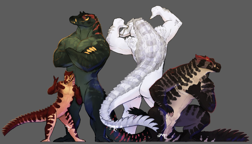 anthro butt crocodilian crossed_arms fangs featureless_crotch flexing green_body group hi_res looking_at_viewer male mleme muscular muscular_male nude pose reptile scales scalie sharp_teeth size_difference smile teeth thick_tail white_body white_scales