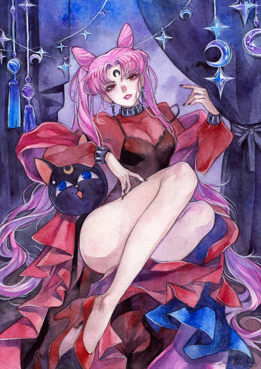 1girl arm_rest bangs bare_legs bishoujo_senshi_sailor_moon black_lady breasts chibi_usa cleavage crescent crystal_earrings curtains double_bun earrings facial_mark forehead_mark high_heels highres jewelry legs lipstick long_hair luna-p makeup nail_polish older parted_bangs parted_lips pink_hair pink_lips princess_ailish red_eyes red_footwear see-through signature sitting smile traditional_media twintails watercolor_(medium) watermark