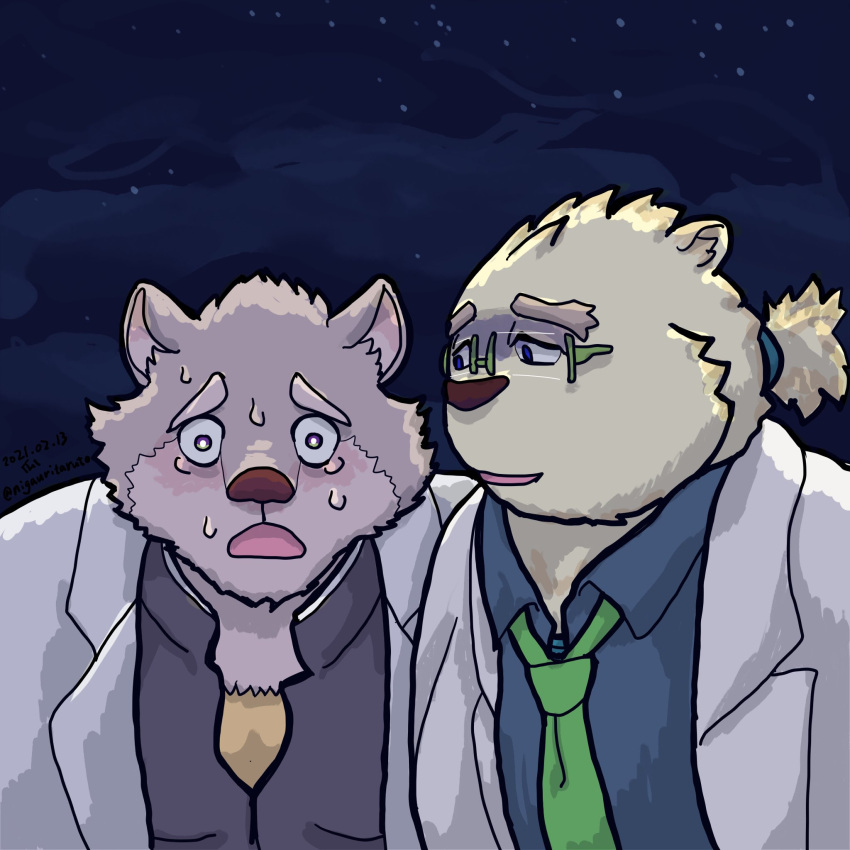 2021 anthro bodily_fluids clothing crying duo eyewear glasses hi_res jambavan kemono leib_(tas) male mammal necktie nigauritaruto overweight overweight_male polar_bear shirt tears tokyo_afterschool_summoners topwear ursid ursine video_games